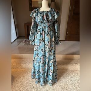 Vintage 1970’s Candi Jones Floral Ruffle Long Sleeve Maxi Dress Blue Large